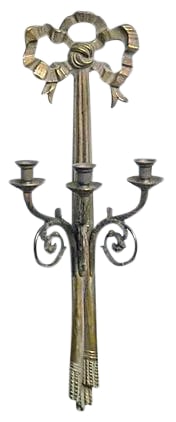 Antique Brass Ribbon Three-Arm Candle Sconce: This is a 19th century French, brass ribbon, three-arm, candle sconce. It feature an acanthus leaf design on the arms. No maker's mark. No hanging hardware, it self hangs at the ribbon. Condition: