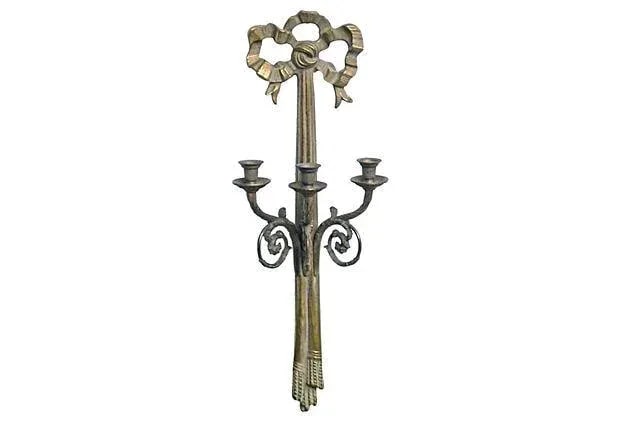 Antique Brass Ribbon Three-Arm Candle Sconce - 2
