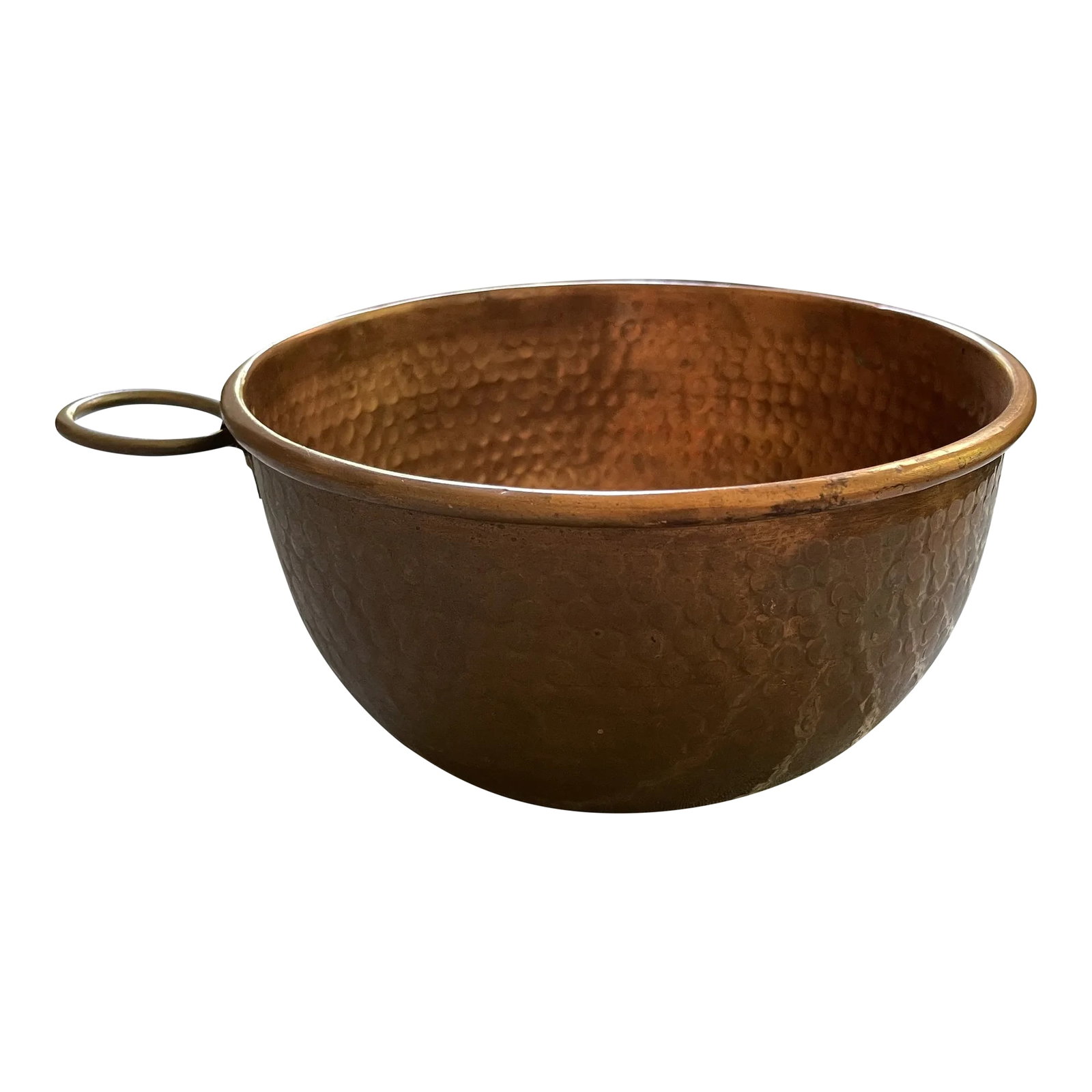 Vintage Hammered Copper Bowl: Hammered copper bowl with beautiful patina. Attached brass hook for hanging. 8.25" round; hook adds 1.5" to height. Condition: Alterations: Original Condition Unaltered Imperfections: Some