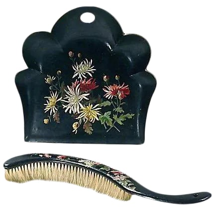 Antique Papier-Mache Silent Butler Set: This antique, 19th century, English, papier-mache silent butler set features hand-painted floral designs. The brush measures: 13.5"L x 3.5"W x 1.75"H. and the tray measures: 10.25"L x 10"W x 2.5"H.