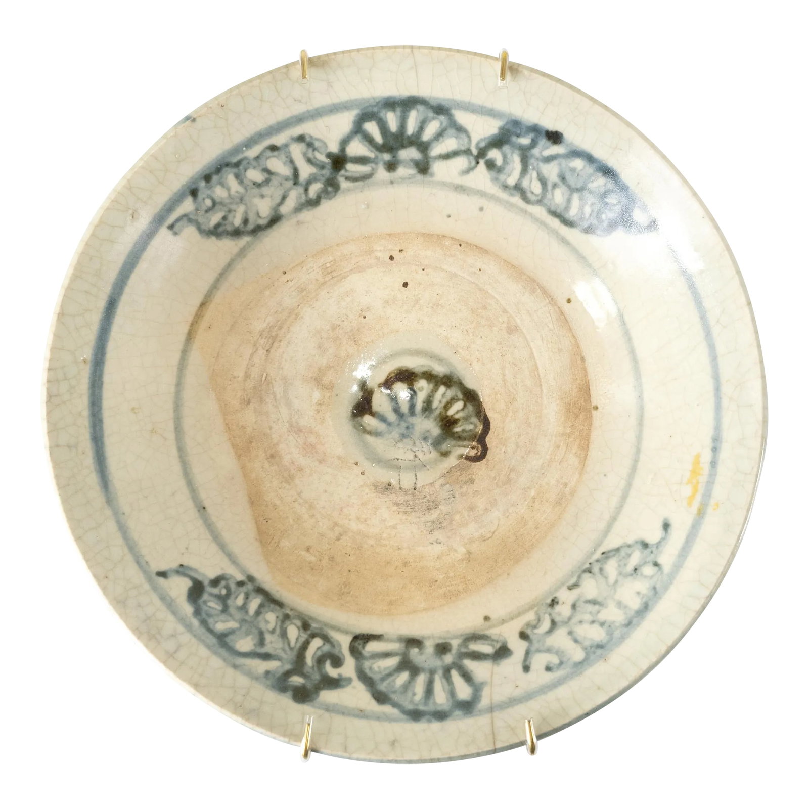 19th or 20th Century Chinese Provincial Decorative Blue and White Wall Plate: We are selling this Chinese provincial decorative blue and white plate with crackle surface and simple design, probably late 19th or early 20th century. Condition: Some firing flaws in the pottery