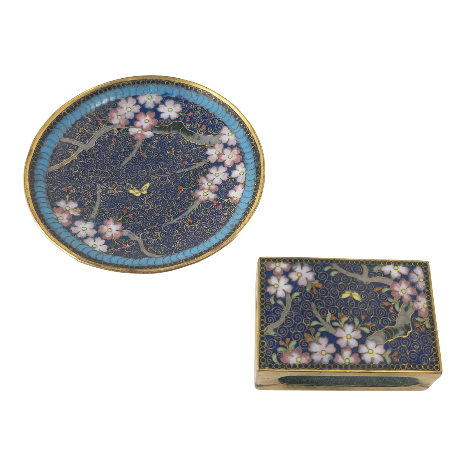 Early 20th Century Japanese Cloisonne Enamel Tray and Matchbox Cover: We are selling this fine cloisonne enamel set with a simple tray and a matchbox cover. The set is probably early 20th century Japanese. Condition: Good condition with light age wear. Dimensions: Box H