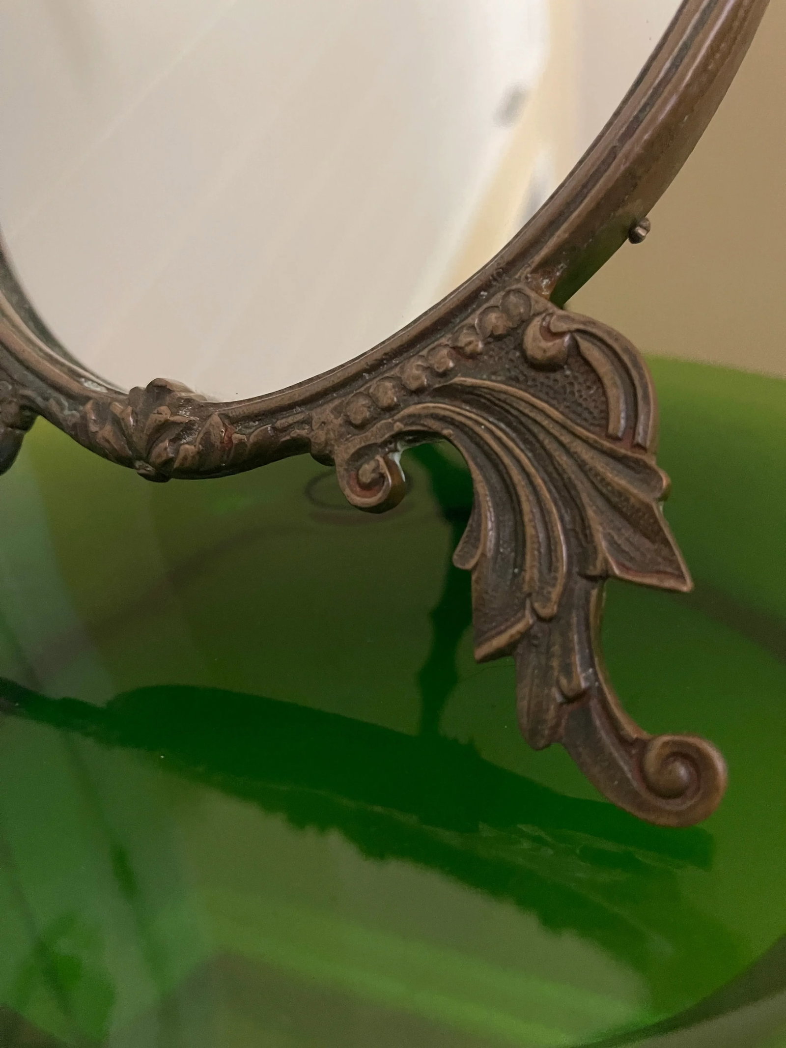 Antique Victorian Table Mirror Oval Shape With Ornate Brass Carving - 11