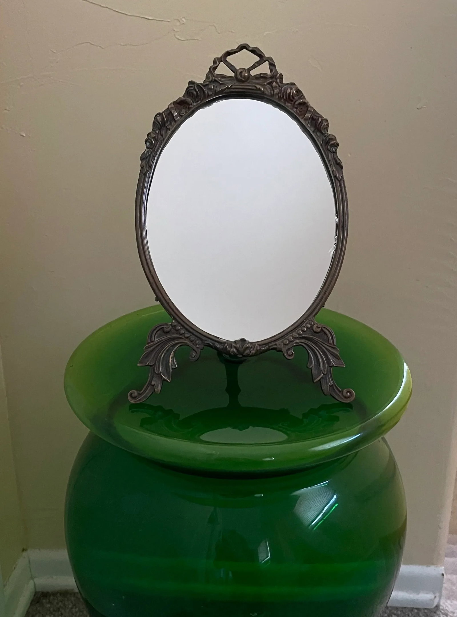 Antique Victorian Table Mirror Oval Shape With Ornate Brass Carving - 13