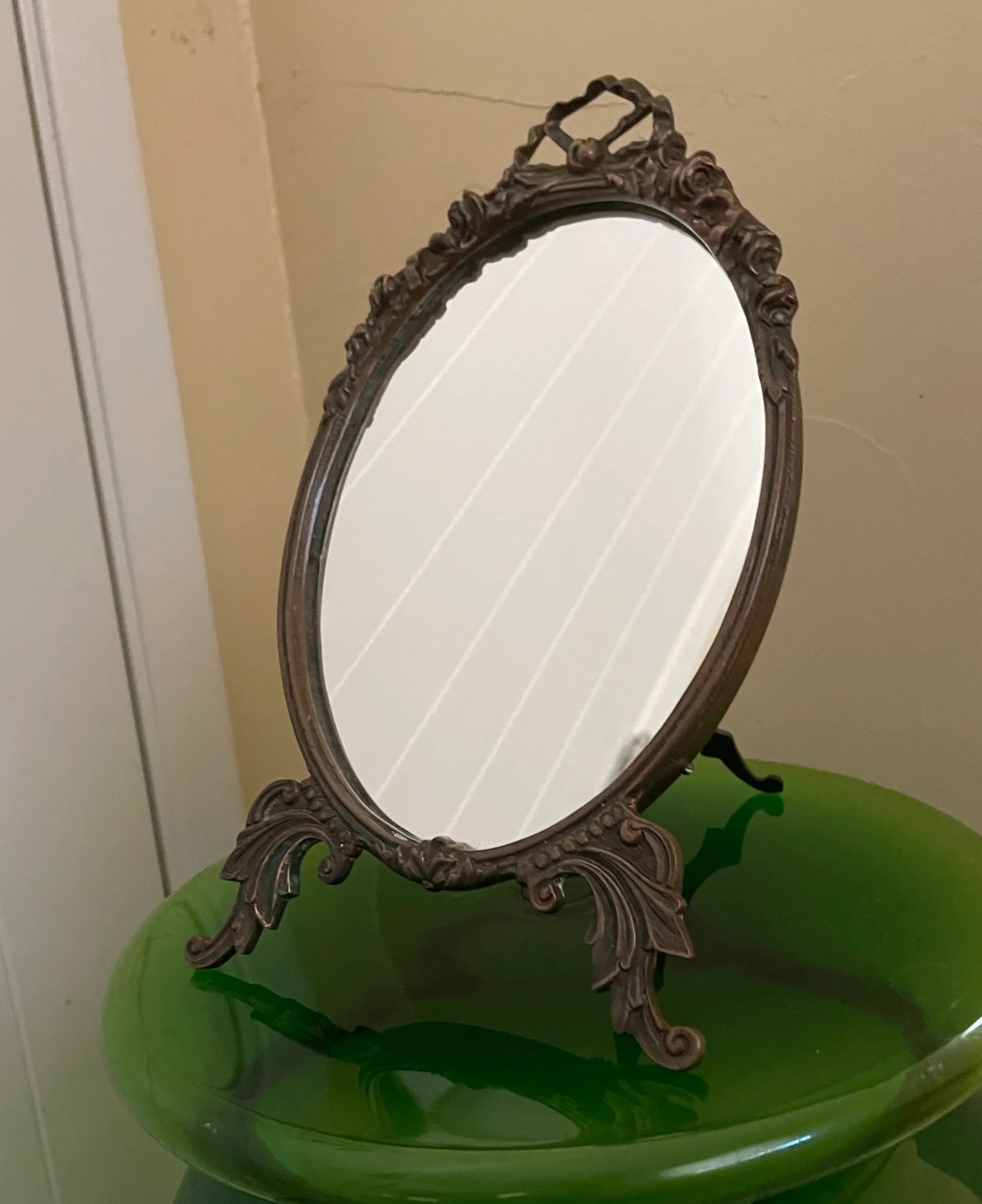 Antique Victorian Table Mirror Oval Shape With Ornate Brass Carving - 2
