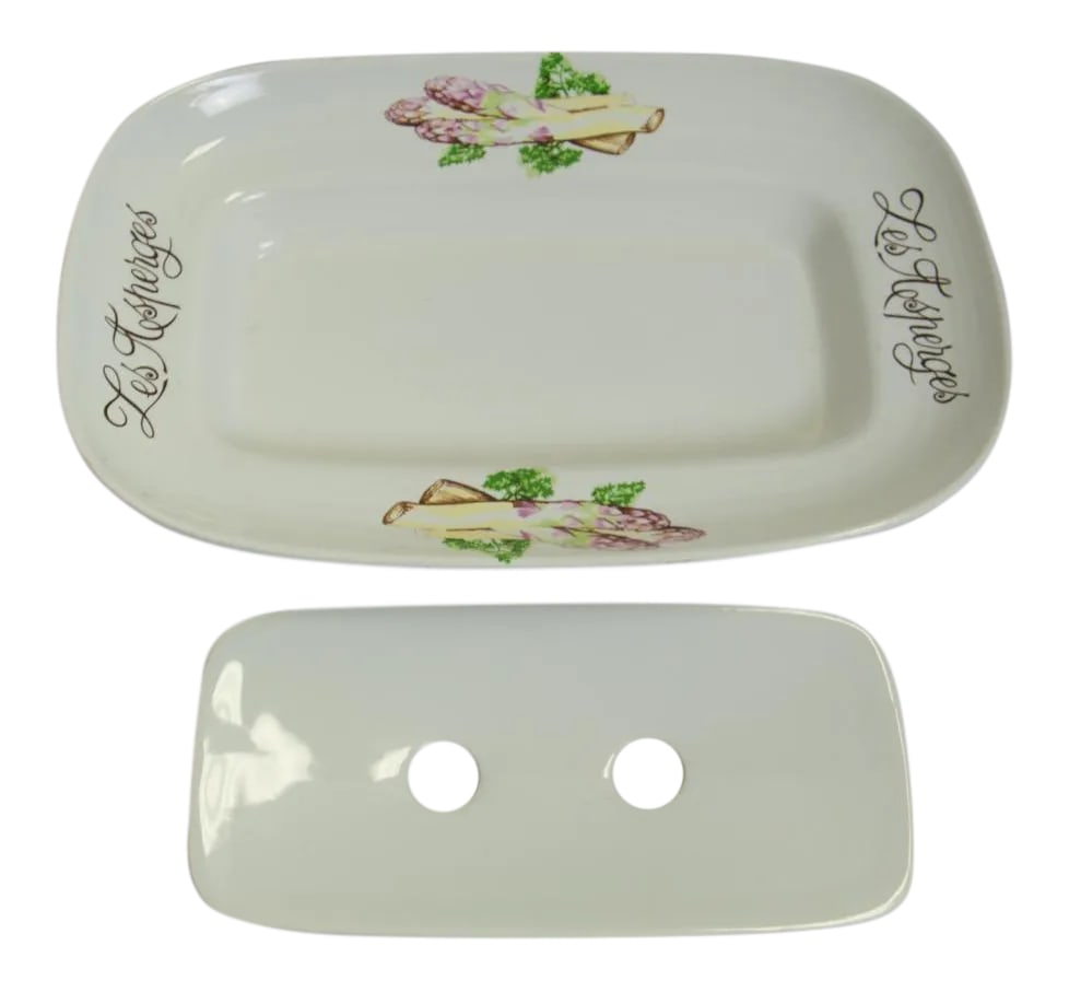 French Asparagus Serving Platter: Made in France this vintage porcelain 2-piece platter is designed for serving asparagus. Beautiful bundles of asparagus are painted on two sides and "Les Asperges" on the other two. This is from the