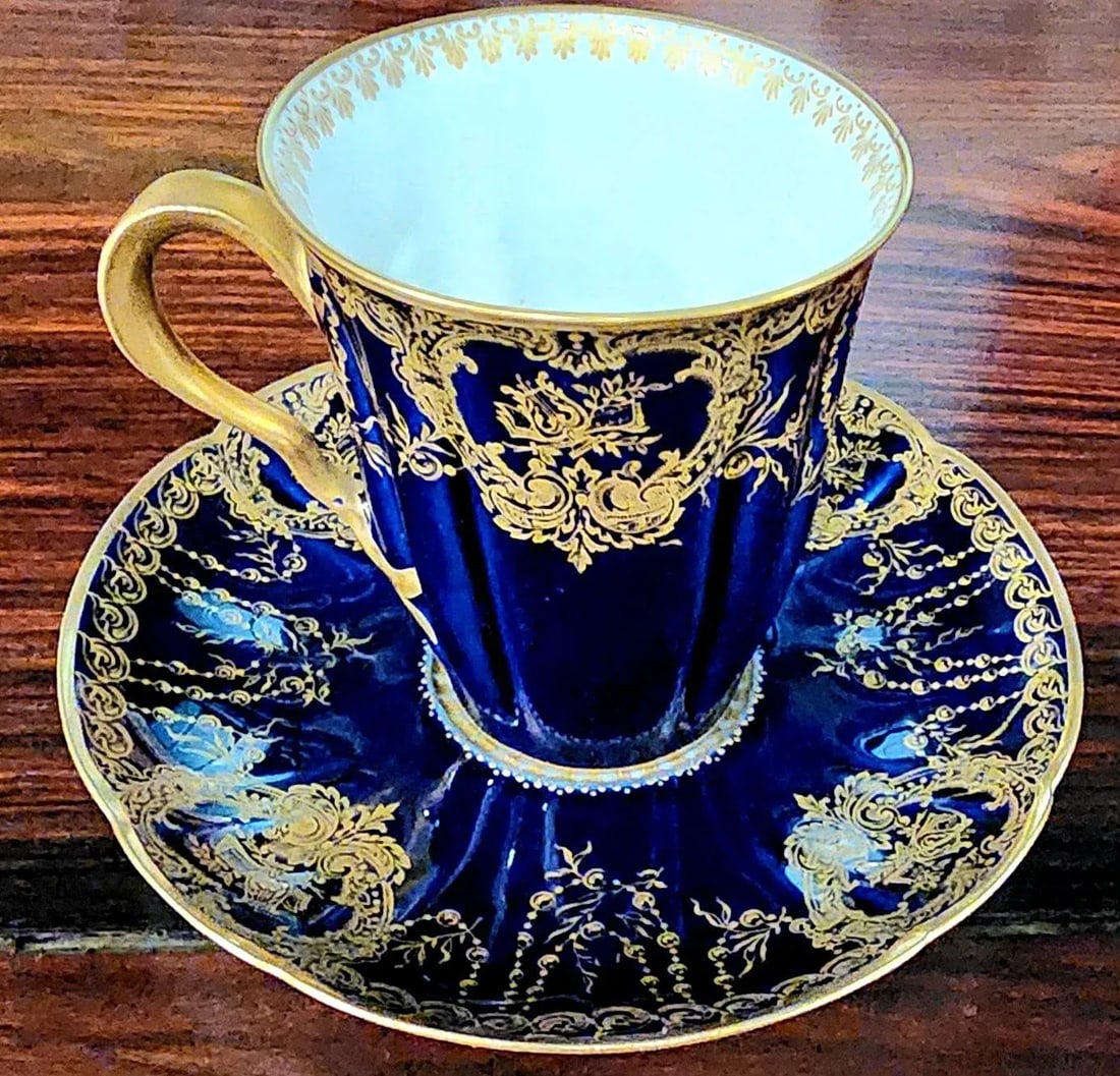Antique Haviland Limoges Cobalt Blue & Gold Gilt Fine Porcelain Cup and Saucer Set - 12