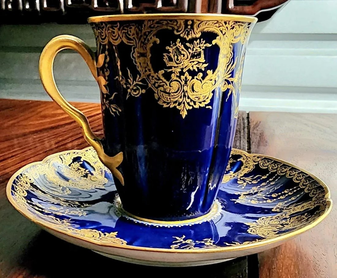 Antique Haviland Limoges Cobalt Blue & Gold Gilt Fine Porcelain Cup and Saucer Set - 13