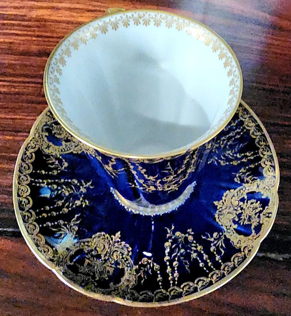 Antique Haviland Limoges Cobalt Blue & Gold Gilt Fine Porcelain Cup and Saucer Set - 2