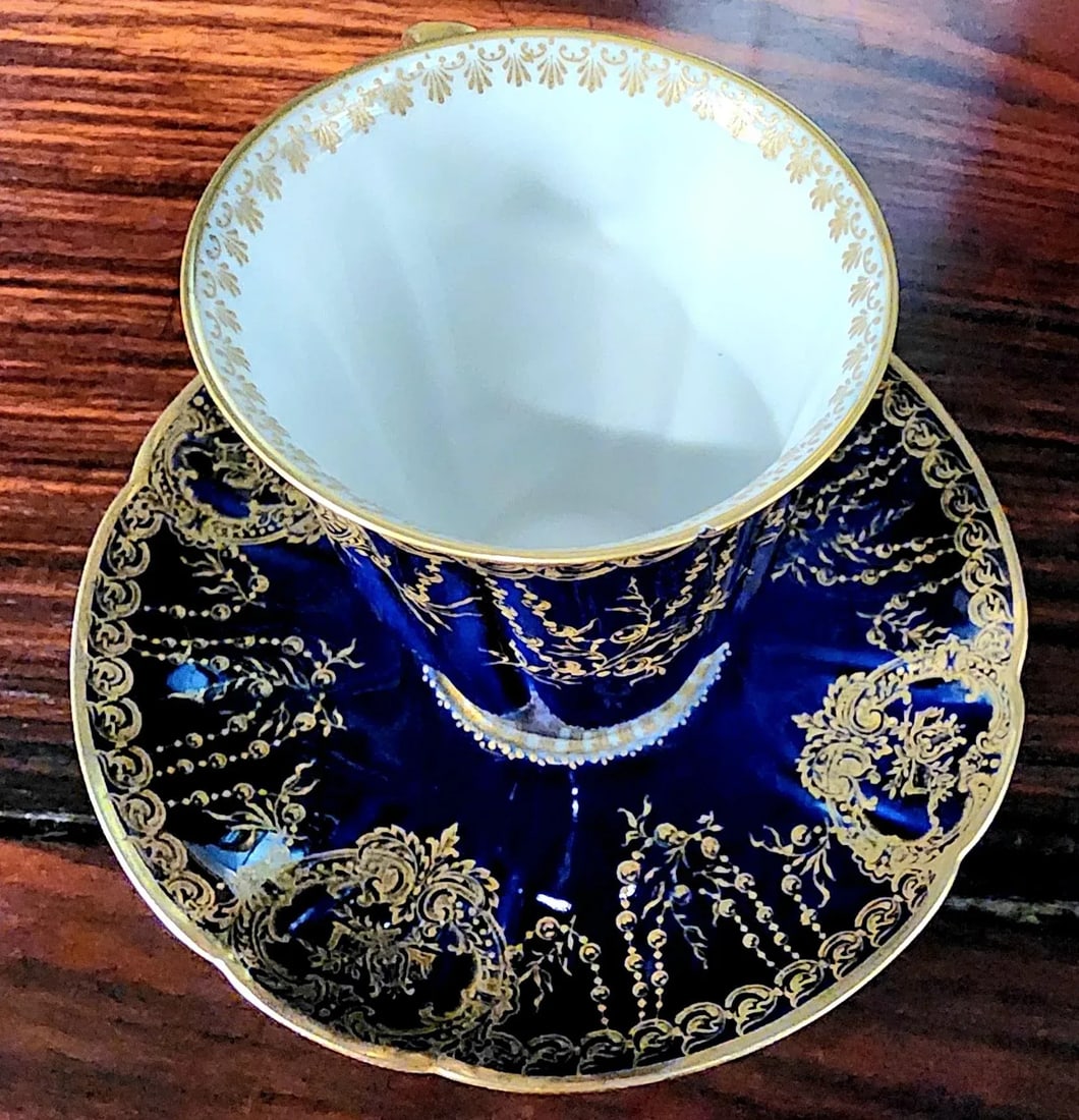 Antique Haviland Limoges Cobalt Blue & Gold Gilt Fine Porcelain Cup and Saucer Set - 5