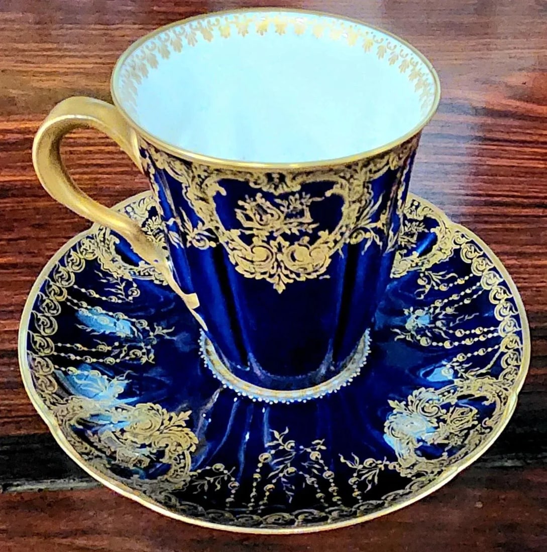 Antique Haviland Limoges Cobalt Blue & Gold Gilt Fine Porcelain Cup and Saucer Set - 6
