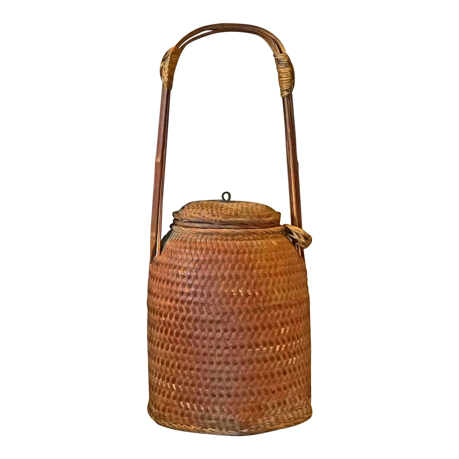 Late 19th Century Antique Chinese Storage Basket: This long handled basket is out of Shanxi Province. There are the remnants of the original woven rattan floating "ring" on the handle which allowed the basket to be hung from a hook on the ceiling raf