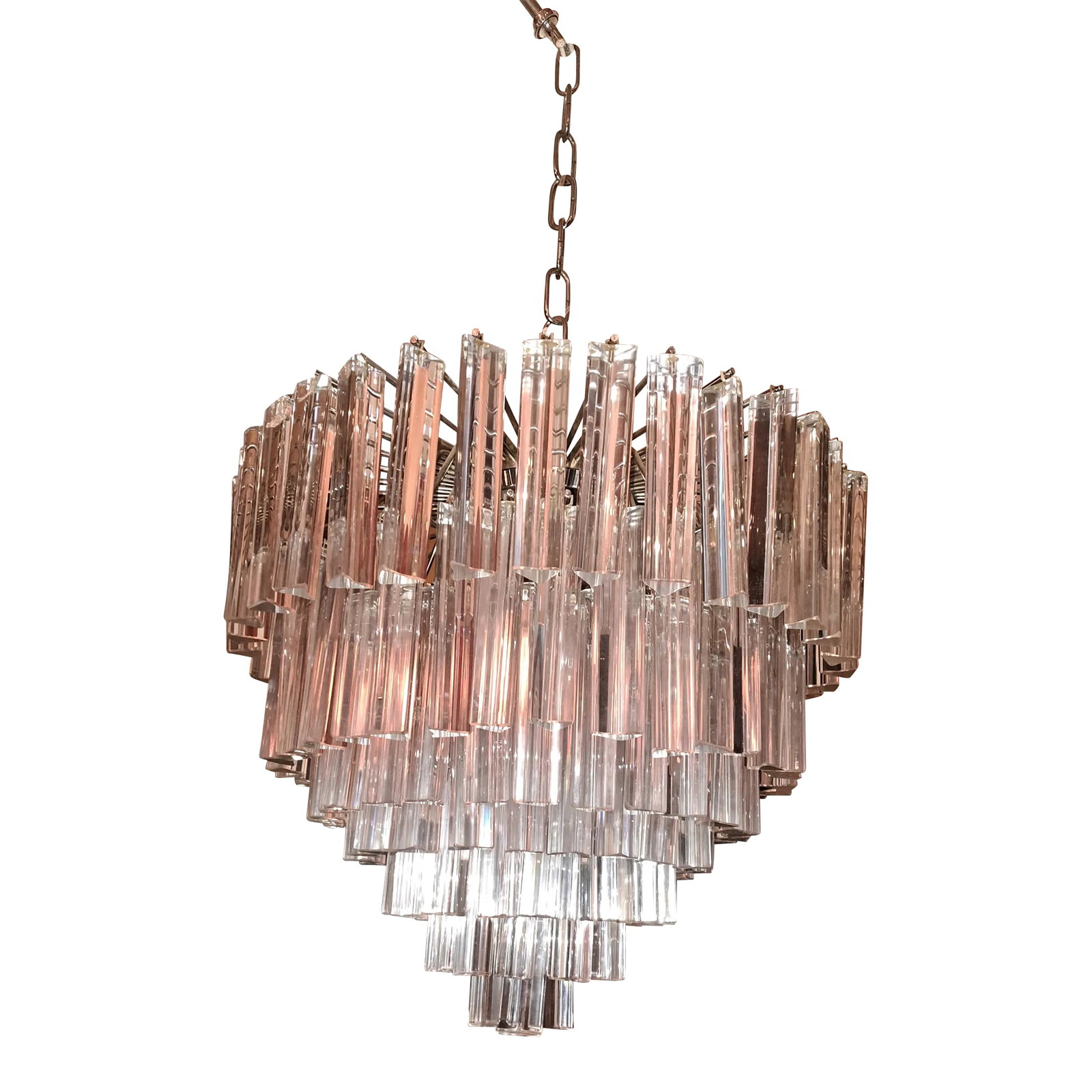 Mid-Century Modern Venini Murano Wedding Cake Chandelier: Authentic large Venini Murano Chandelier. 1970 era. Unique 7 layer cascading wedding cake design. 152 solid murano triedre (3- sided) 6" crystal glass prisms! Silver embedded hangers. Crystals and in 