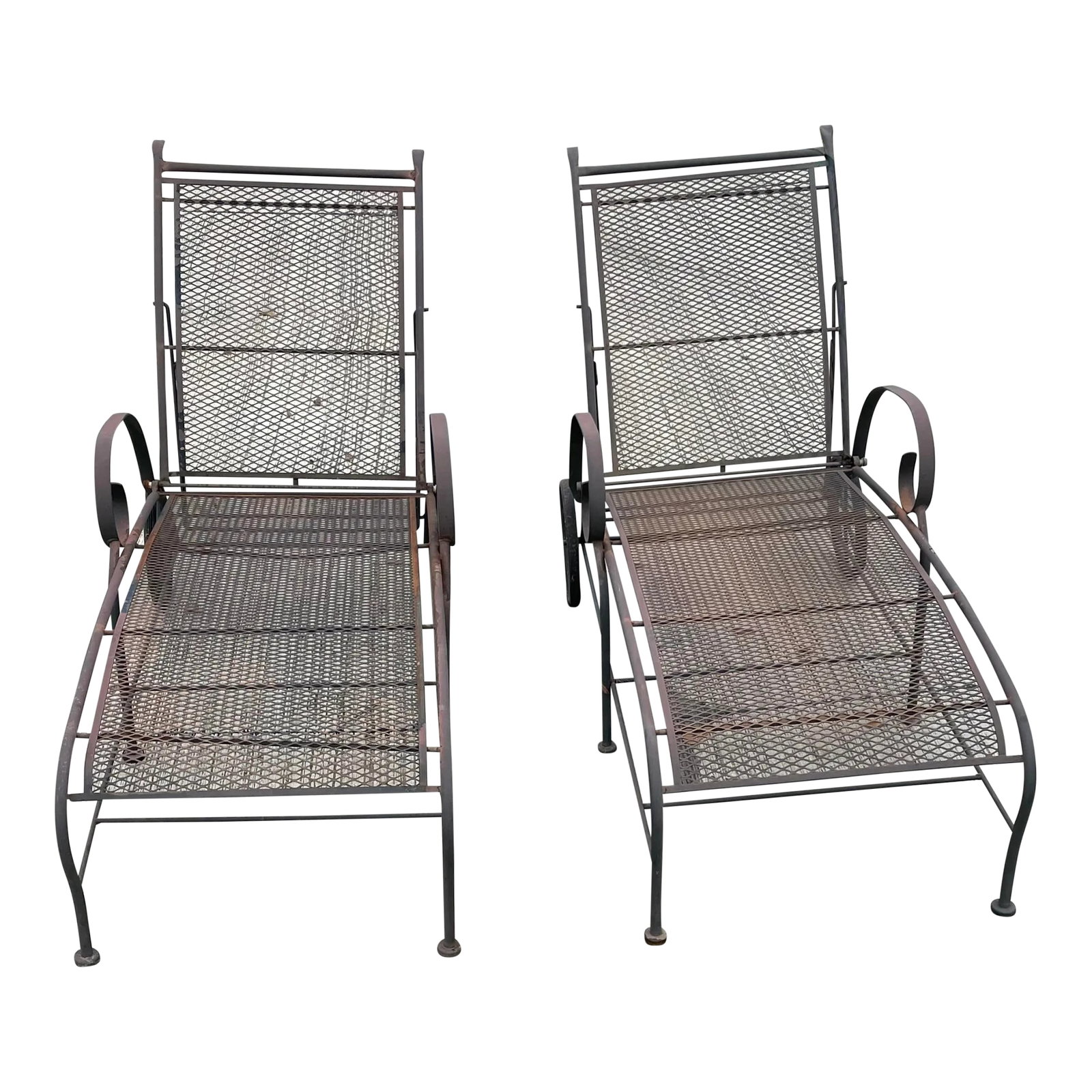 Mid Century Modern Salterini Style Iron Mesh Outdoor Chaise Lounges - a Pair (1 of 10)