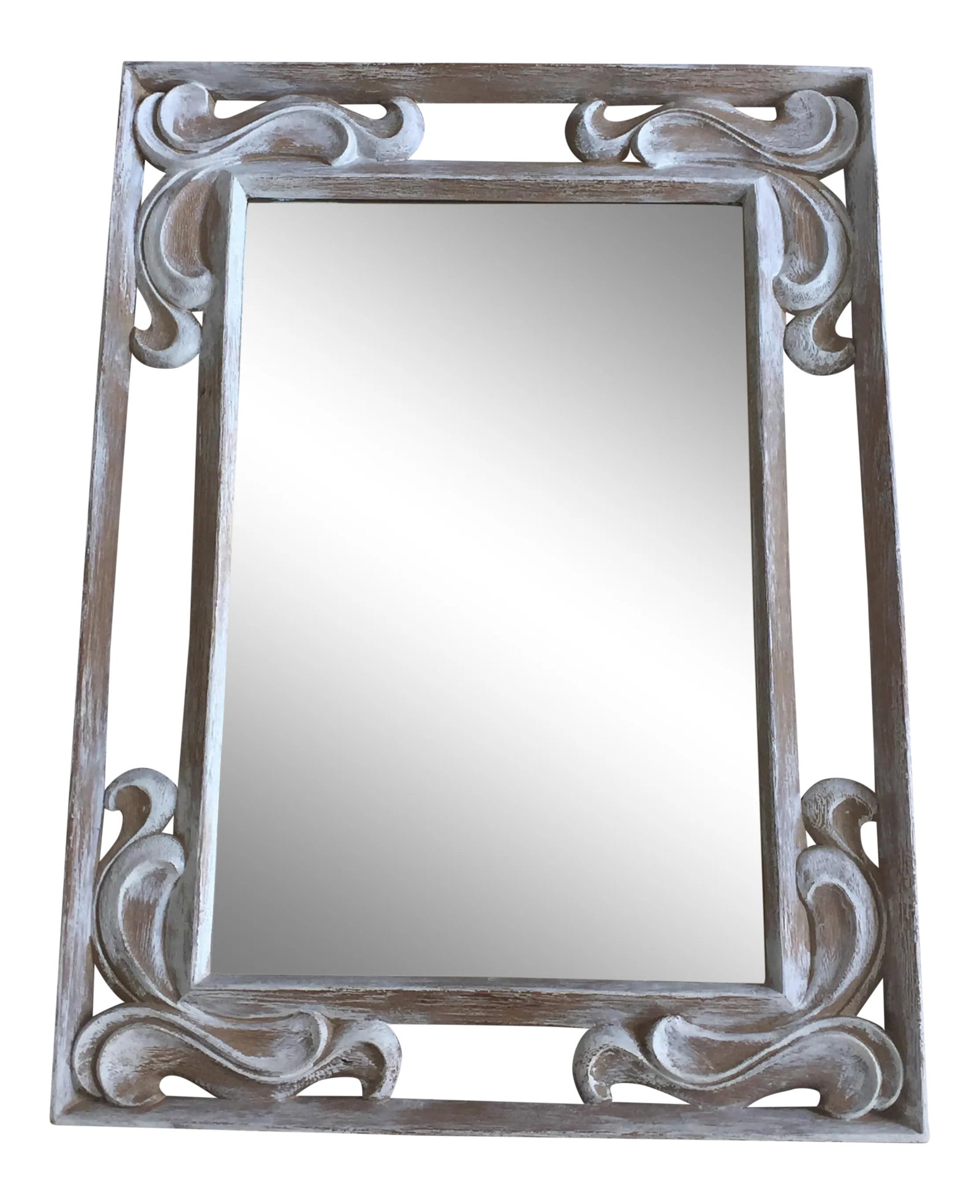 1940's Neoclassic Wood Carved Mirror: Beautifully hand carved wooden neoclassical style mirror, circa 1940's. Whitewashed finish in excellent vintage condition consistent with age and history. Mirror has a few tiny spots. Please see