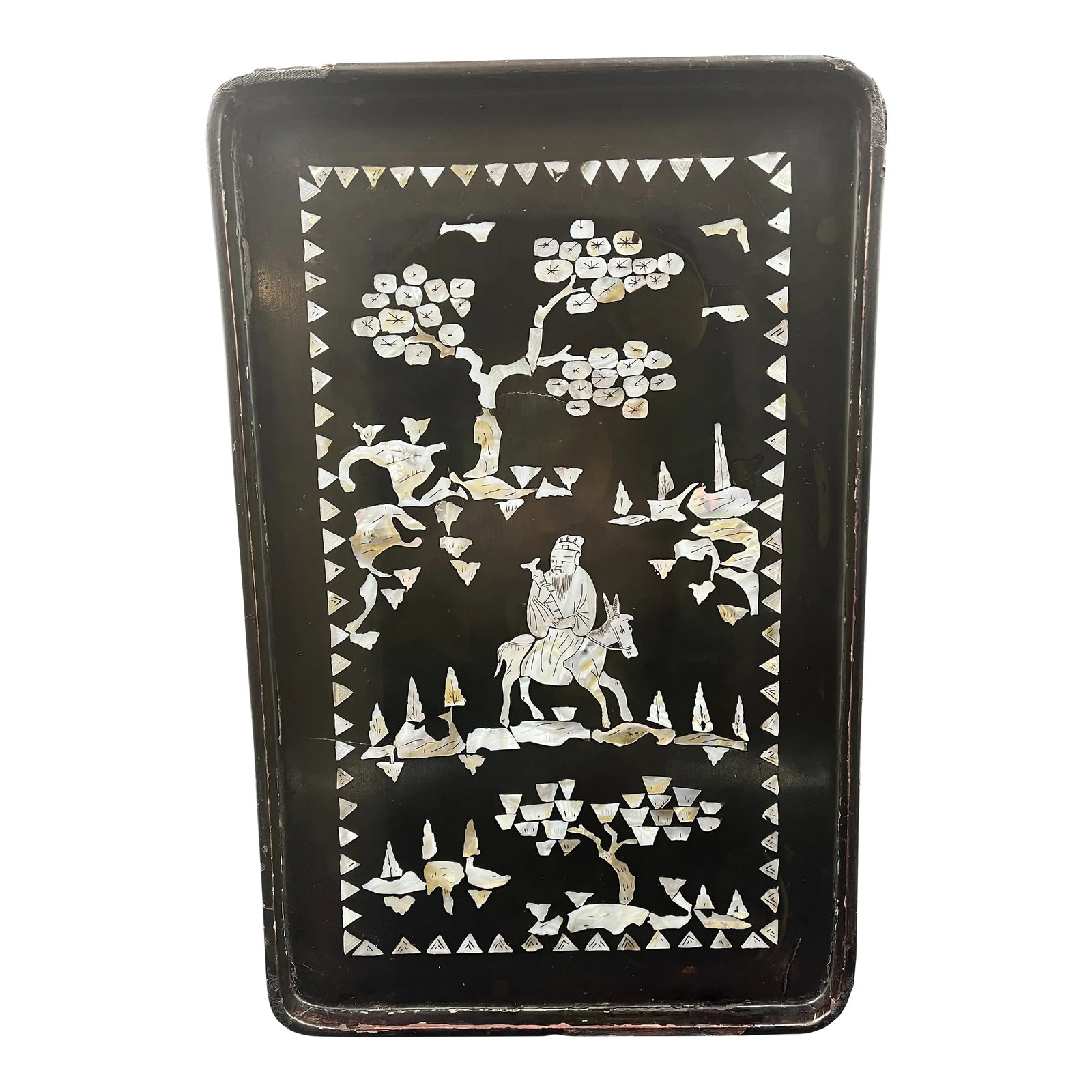 Late 19th Century Chinoiserie Mother of Pearl Inlaid Tray: Vintage Chinese Mother of Pearl inlaid Lacquer tray. Chinoiserie trays & boxes date back to late 19th century. The tray is depicting an all over landscape decoration on tops & sides with an immortal
