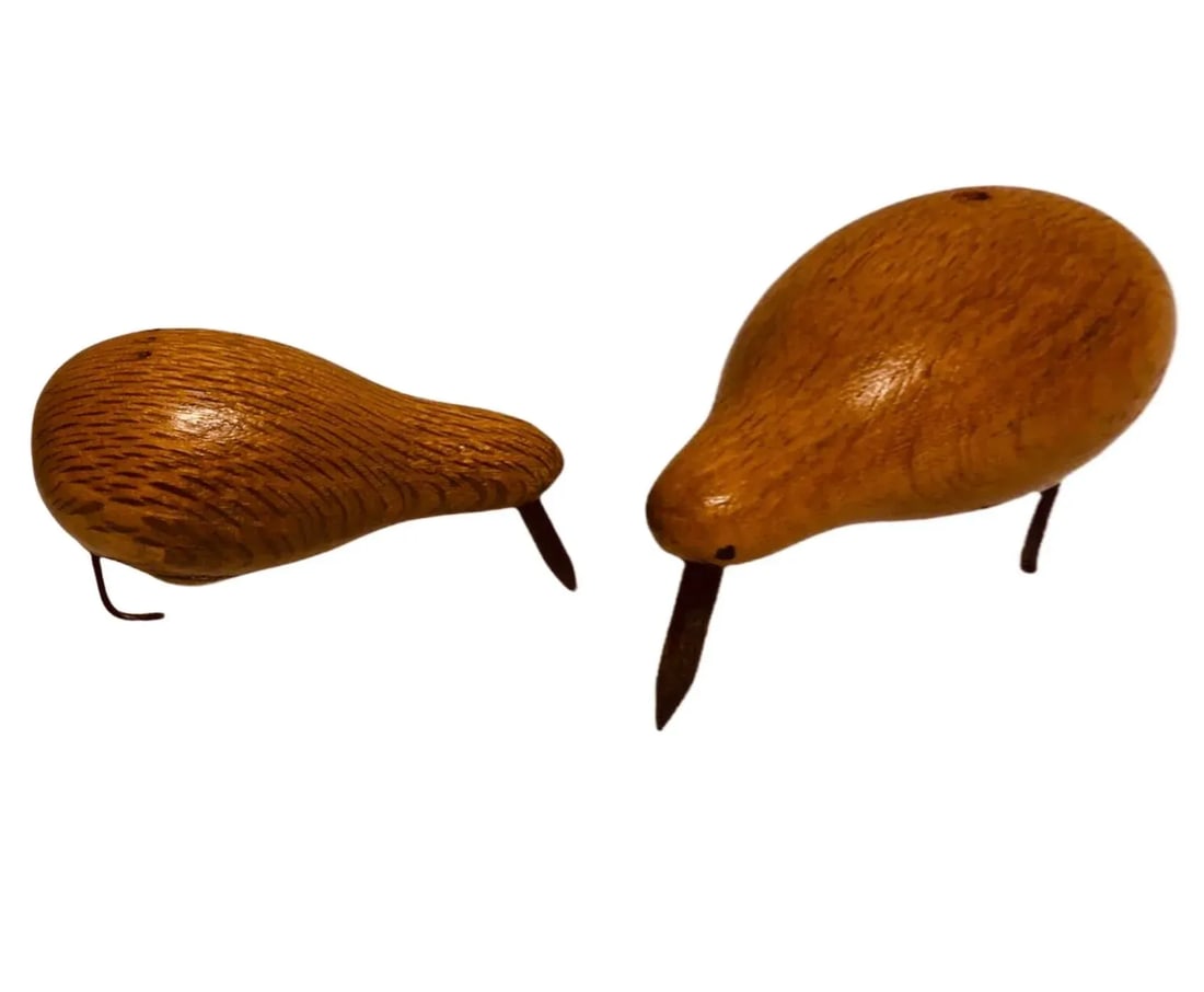 50's Vintage Hand Carved Jacob Hermann Insp Wooden Kiwi Bird Salt & Pepper Shaker Set - 2