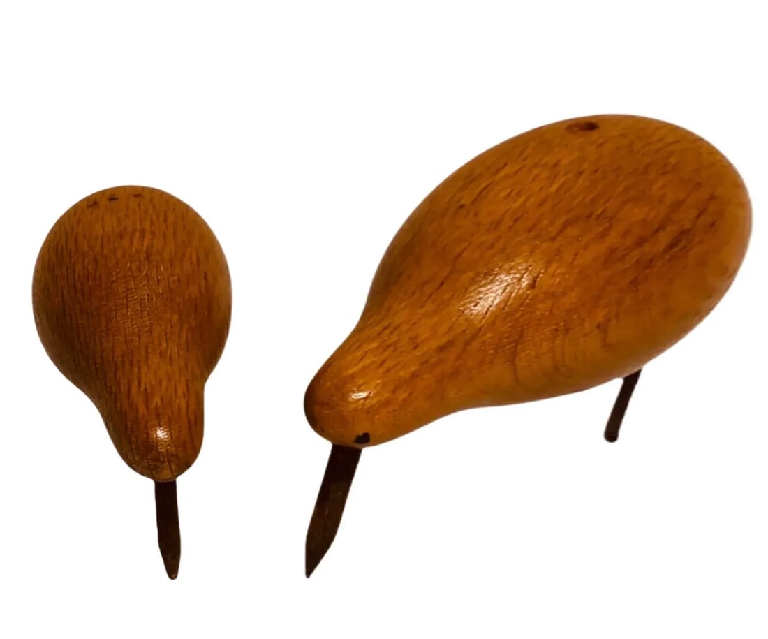 50's Vintage Hand Carved Jacob Hermann Insp Wooden Kiwi Bird Salt & Pepper Shaker Set - 3