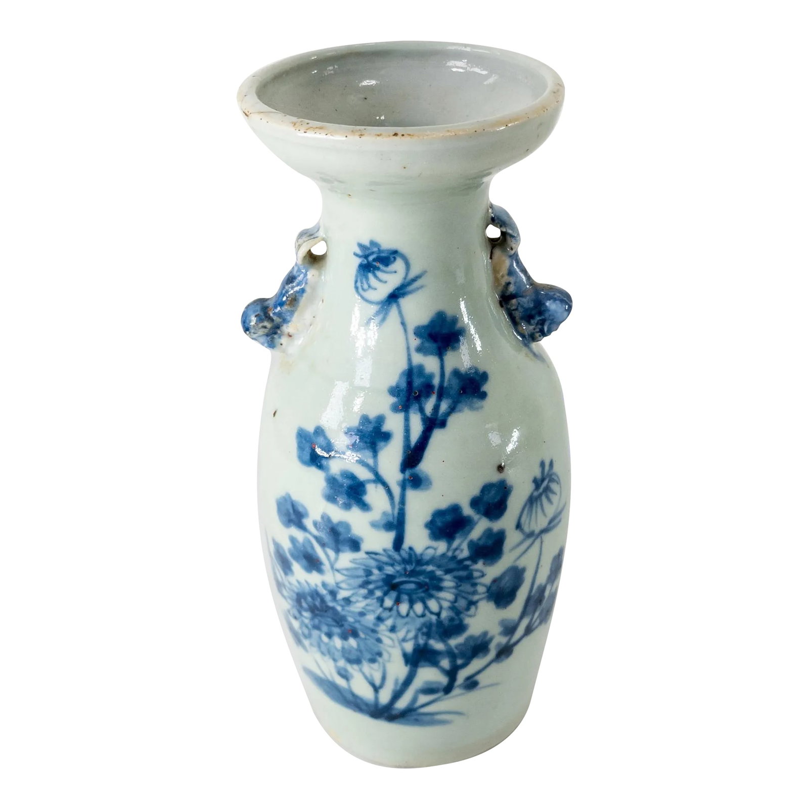 Early 20th Century Chinese Pale Celadon and Underglaze Blue Vase: We are selling this decorative Chinese porcelain vase. This vase has pale celadon colored ground with underglaze blue floral decorations. There are several hairlines to the vase. Condition: Several ha