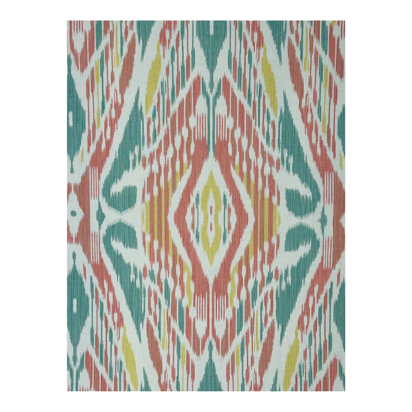 Manuel Canovas "Dalmas" Ikat Print- 6.75 Yards: A colorful 9 screen printed linen of a classic Uzbekistan Ikat in jade greens, corals, and golds on sand. This 3-field design is fine for windows or upholstery. There are 2 cut lengths of 5 yards +