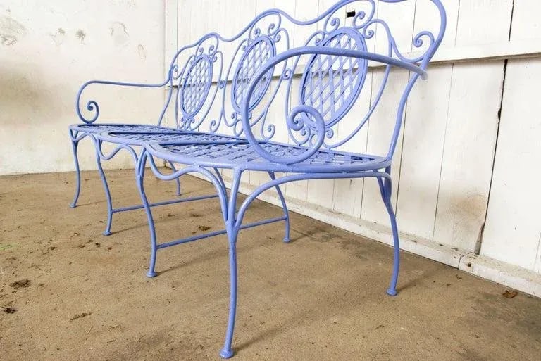 1970s Wrought Iron Garden Bench, Periwinkle - 10