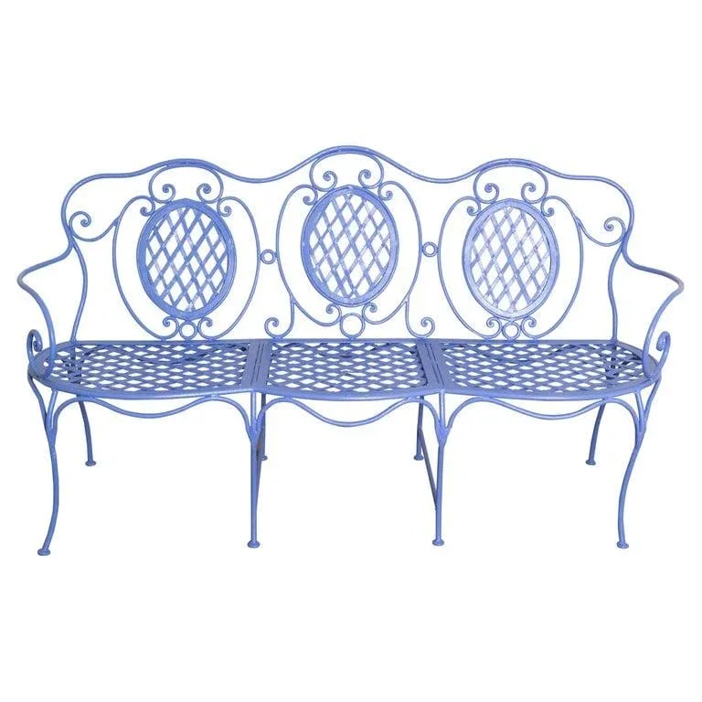 1970s Wrought Iron Garden Bench, Periwinkle - 13