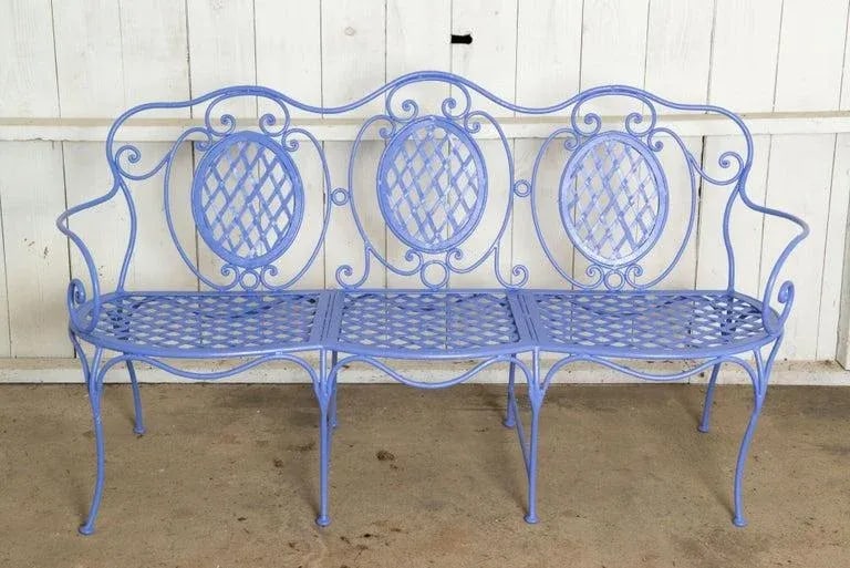 1970s Wrought Iron Garden Bench, Periwinkle - 2