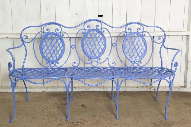 1970s Wrought Iron Garden Bench, Periwinkle - 3