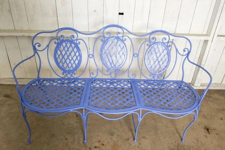 1970s Wrought Iron Garden Bench, Periwinkle - 4