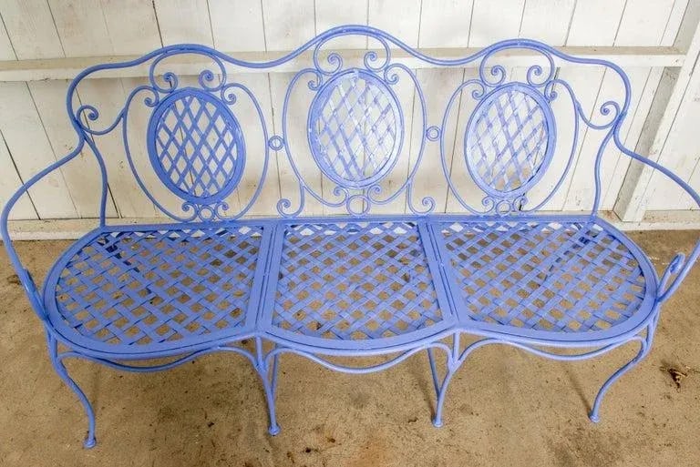 1970s Wrought Iron Garden Bench, Periwinkle - 6