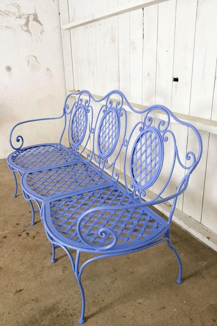 1970s Wrought Iron Garden Bench, Periwinkle - 8