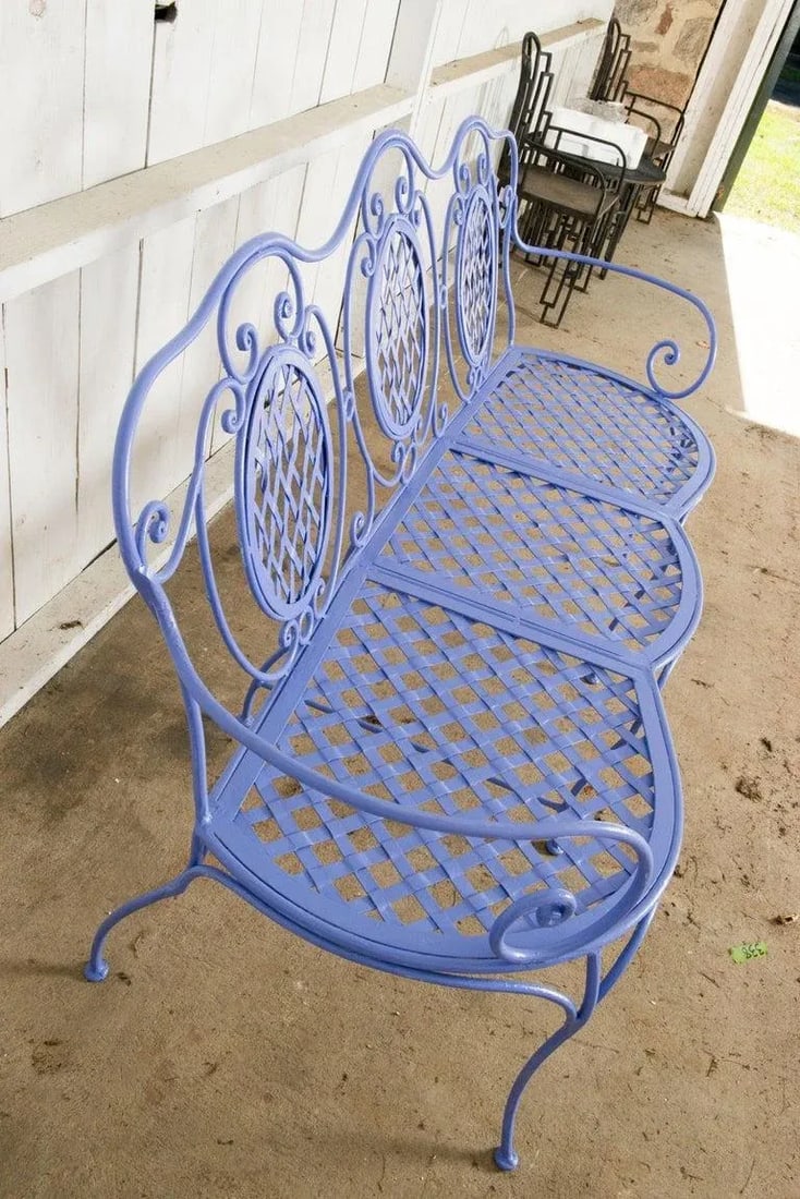 1970s Wrought Iron Garden Bench, Periwinkle - 9