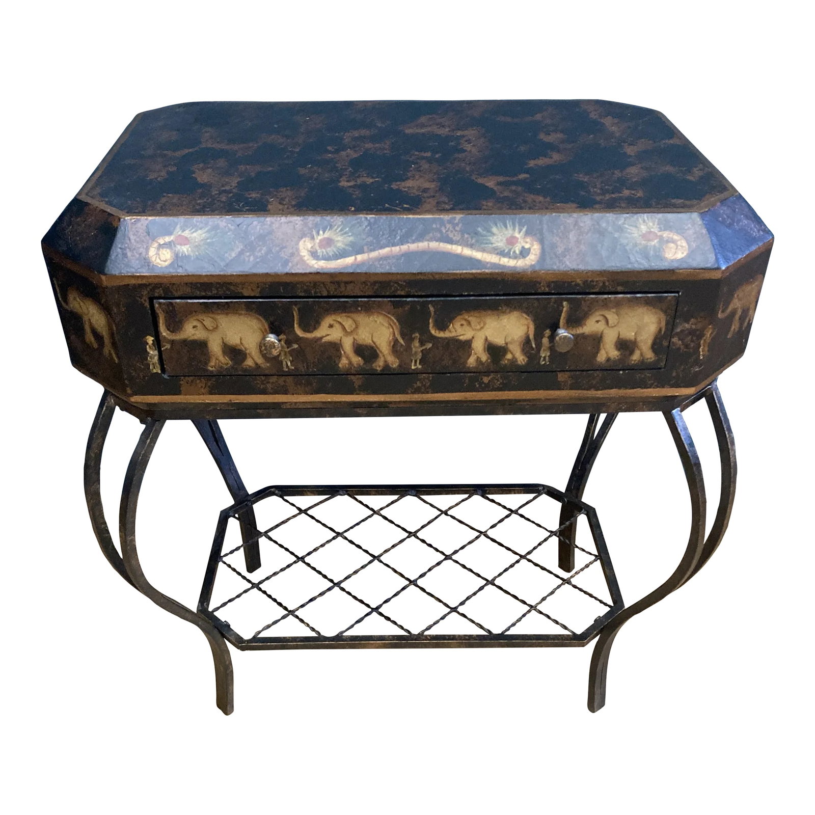 Late 20th Century Elephant Trunk Side Table With Iron Base: This vintage painted side table by Collezione Europa features a whimsical elephant motif and a single drawer for storage, sitting on a sturdy iron base. The hand-painted design adds vibrant character 