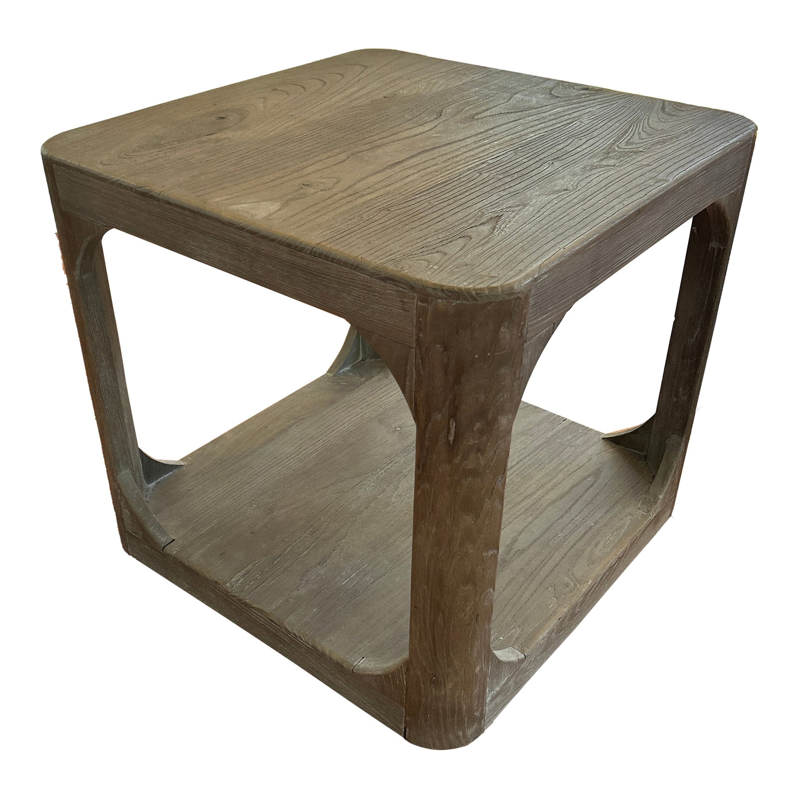 Restoration Hardware Martens Elm Square Side Table: Inspired by antique furnishings from the 18th century, this Restoration Hardware table has a planked top and base set edge-to-edge on the rounded frame. Skilled artisans use a proprietary, multistep p