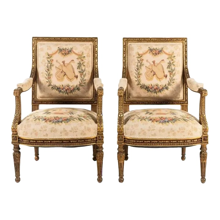 Pair of 19th Century Louis XVI Style Tapestry-Upholstered Giltwood Bergeres (1 of 7)