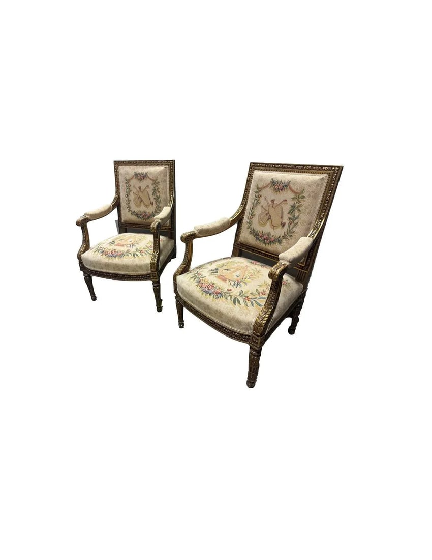 Pair of 19th Century Louis XVI Style Tapestry-Upholstered Giltwood Bergeres - 2