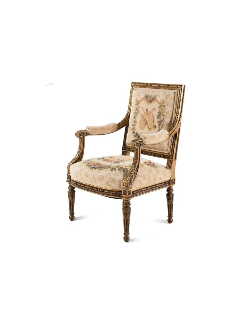 Pair of 19th Century Louis XVI Style Tapestry-Upholstered Giltwood Bergeres - 5