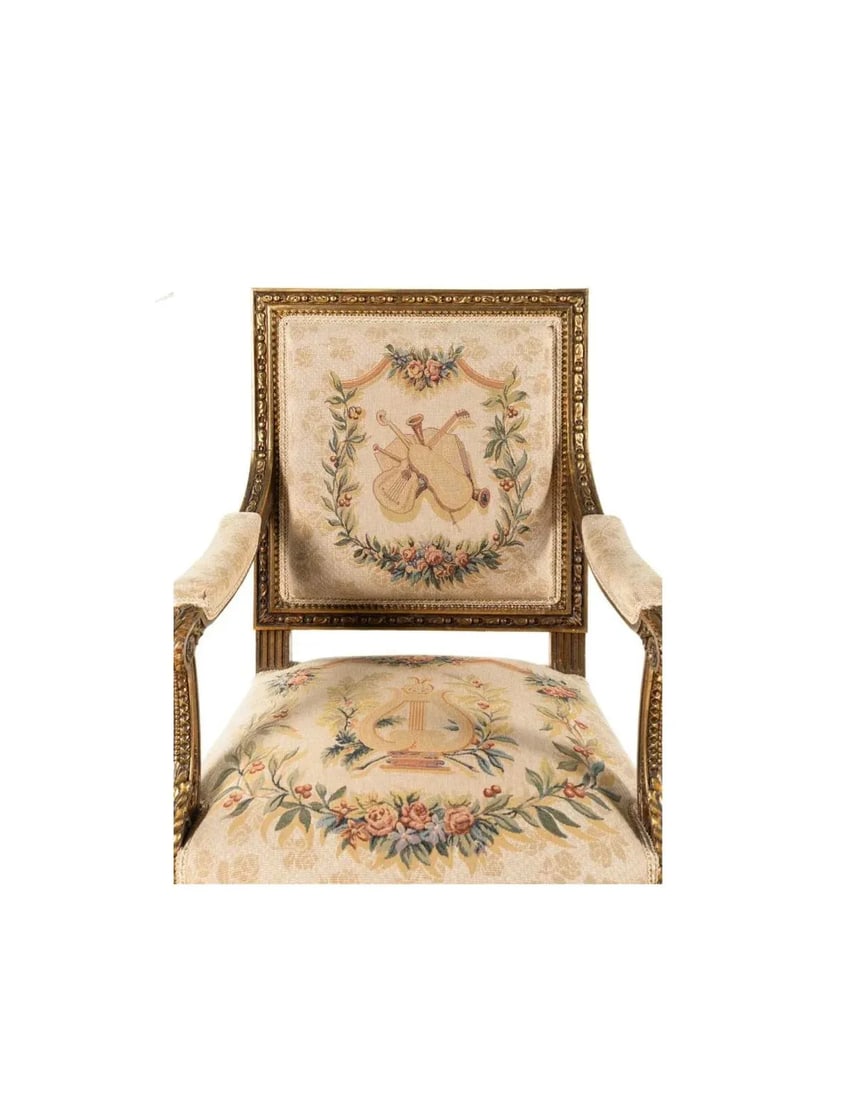Pair of 19th Century Louis XVI Style Tapestry-Upholstered Giltwood Bergeres - 7