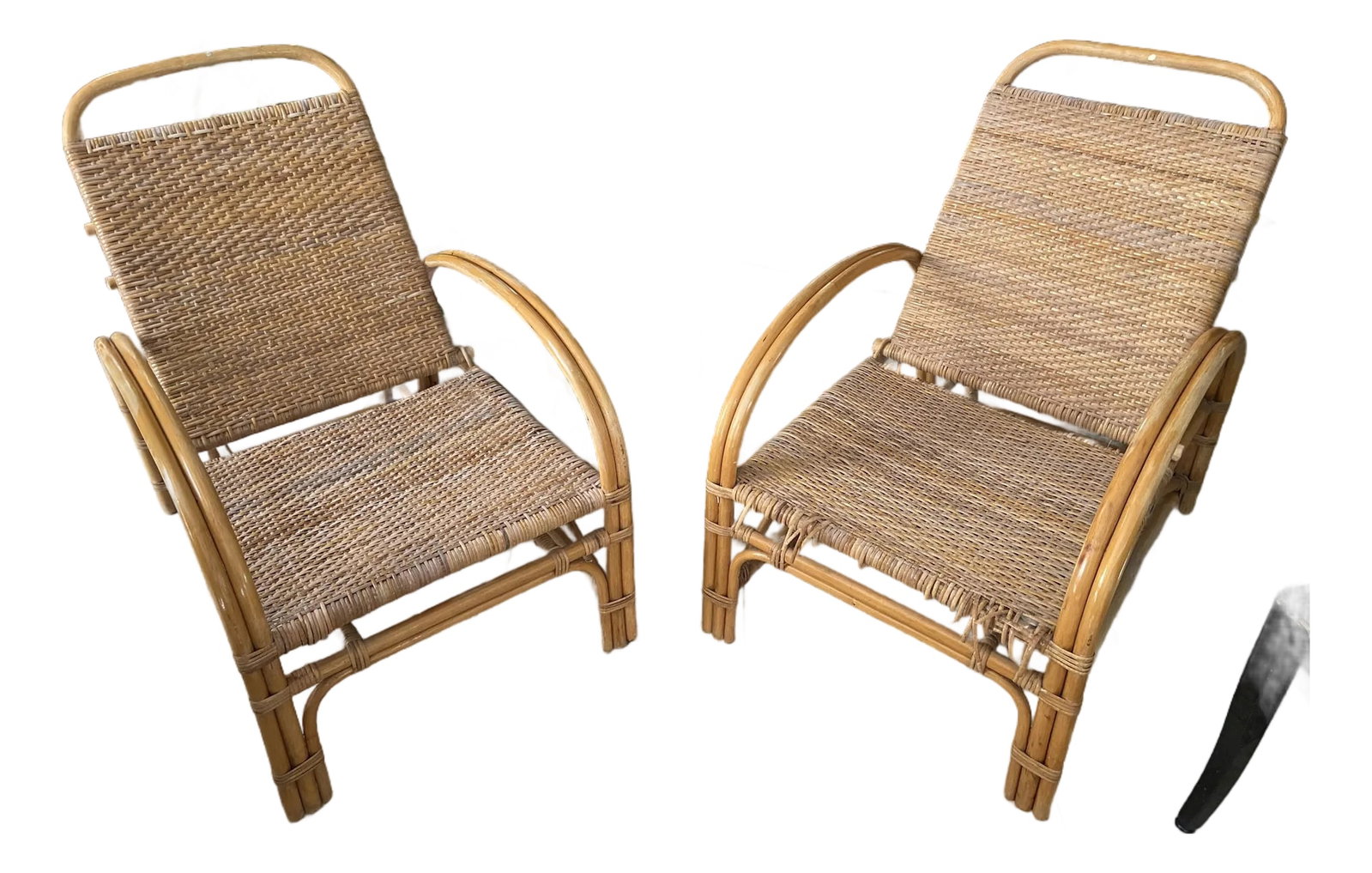 Vintage Blonde Rattan Lounge Chairs (Pair) 1940's Handwoven Tropical, Timeless Design Aesthetic, Pol: Breezy, Balinese tropical, blonde color MidCentury perfect Tiki bar/sunroom/porch. Rare vintage. Wide seats, beautiful natural hand-woven rattan.Pillows shown not included. Condition: Alterations: Ori