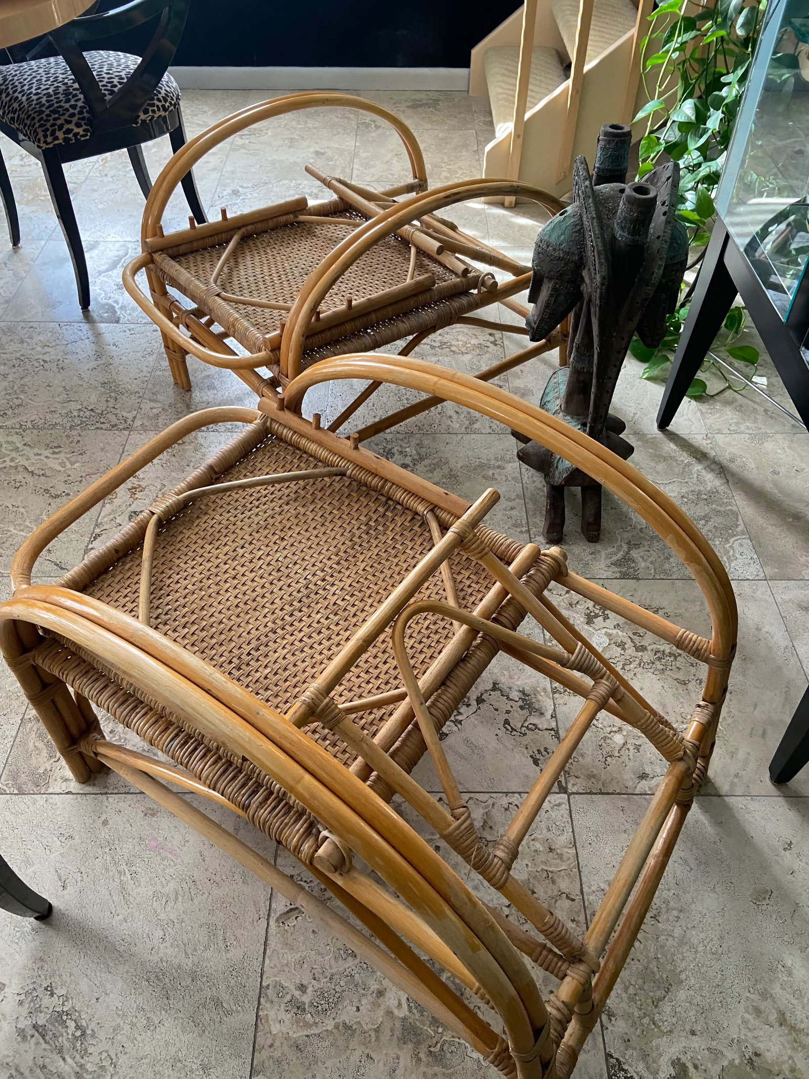 Vintage Blonde Rattan Lounge Chairs (Pair) 1940's Handwoven Tropical, Timeless Design Aesthetic, Pol - 9