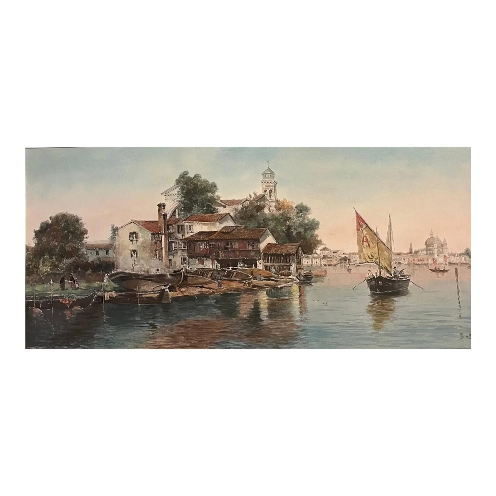 Antonio Reyna Manescau, Squero San Trovaso, Venice, Watercolor Circa 1890.: Antonio Reyna Manescau, Squero San Trovaso, Venice, Watercolor circa 1890. Colorful and vibrant watercolor painting of the Gondola Wharf on the remote back canal - Squero San Trovaso -. This historic
