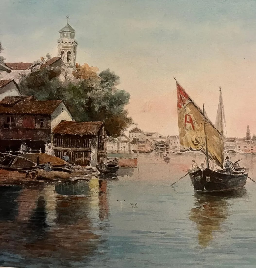 Antonio Reyna Manescau, Squero San Trovaso, Venice, Watercolor Circa 1890. - 3