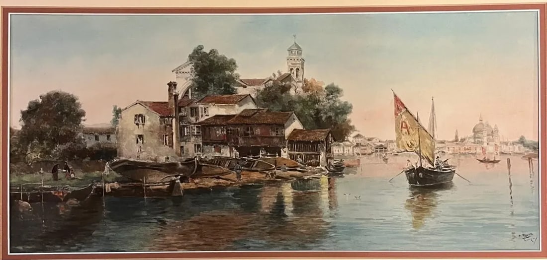 Antonio Reyna Manescau, Squero San Trovaso, Venice, Watercolor Circa 1890. - 8