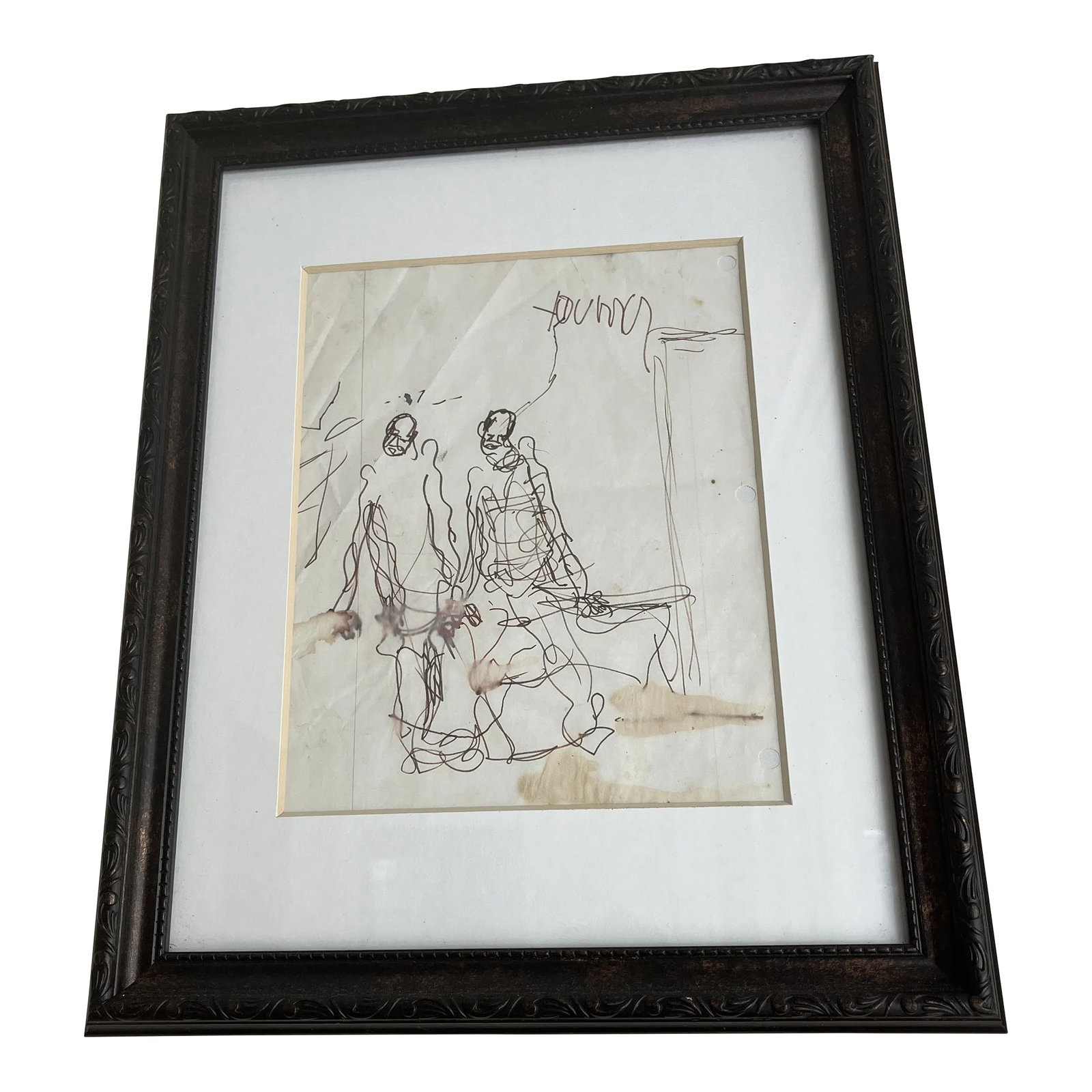 1980s Figurative Abstract Painting by Purvis Young, Framed: PIECE 8 x 10 inches unframed 14.5 x 17.5 inches framed High Quality very Rare piece of Purvis's Work Circa 1982 Pen & Ink line drawing on dade schools pad paper A subtle stroke of genius - two