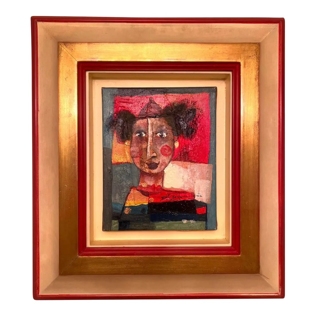 Yoel Bennarouche Original Painting 'Le Regard De L'enfant' (The Gaze of a Child): Portrait of a child by Israeli born artist Yoel Benharrouche. I believe the medium is acrylic on canvas, exquisitely presented in a layered frame. The heavy wood custom frame is done in different