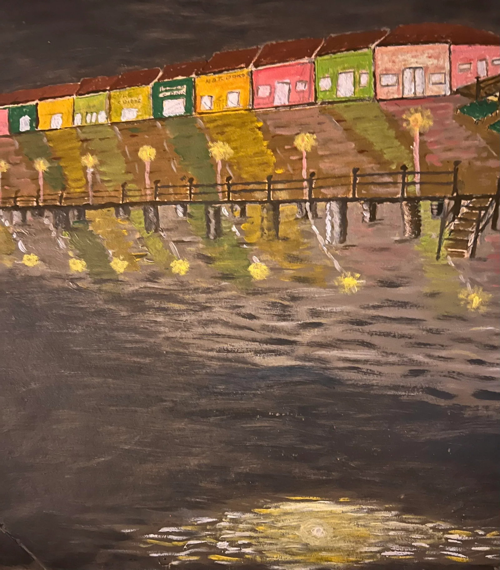 Giclee of Vintage Primitive Painting of a Seaside Resort by Vincent Trezza, Sr.: Painting of a seaside resort, possibly the Jersey shore, but inspired by the artist's hometown region in Italy. Last photo is a 'selfie' ; ) of the artist, in his home in South Philadelphia. Original