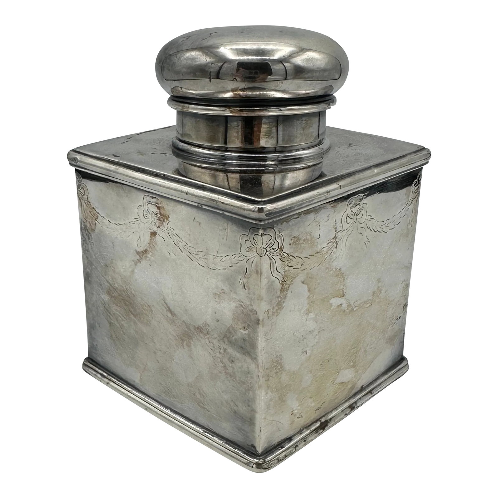 Antique Tea Cannister Silver Plate E.B Webster & Son Usa 1886-1928: 3.25" square, 4.5" tall silver plate tea cannister with garland and bow engraved around top edge. EB Webster & Sons Company began business in 1859. Condition: Alterations: Original Condition Unaltered