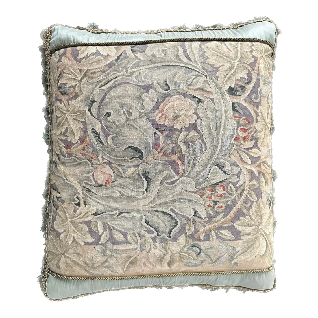 2000s Tan and Green Floral Aubusson Silk Pillow: Crafted from sumptuous silk, this pillow features a harmonious green and tan color palette adorned with a delicate floral pattern. The graceful green tassel borders add a touch of sophistication to