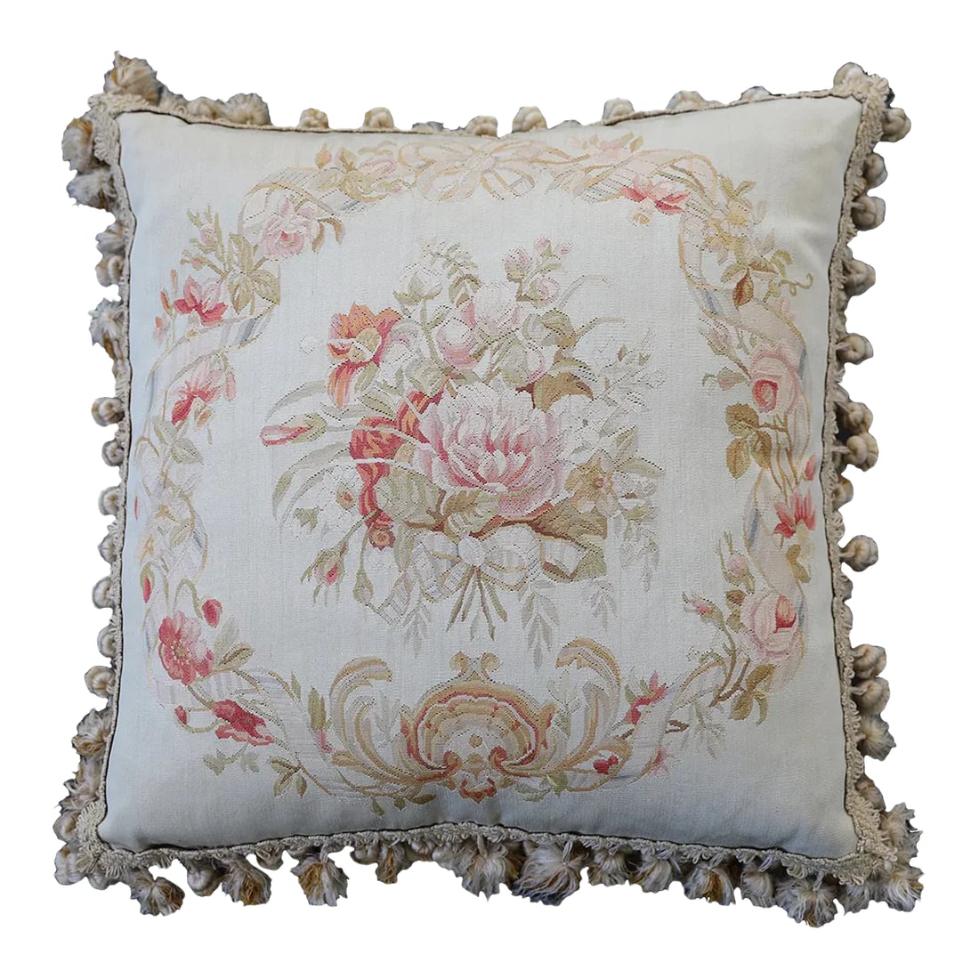 Ivory and Pink Floral Aubusson Silk Pillow: Crafted in an elegant ivory hue, this pillow features intricately woven light pink flowers at its center, adding a touch of timeless sophistication to any space. Enhancing its beauty, charming