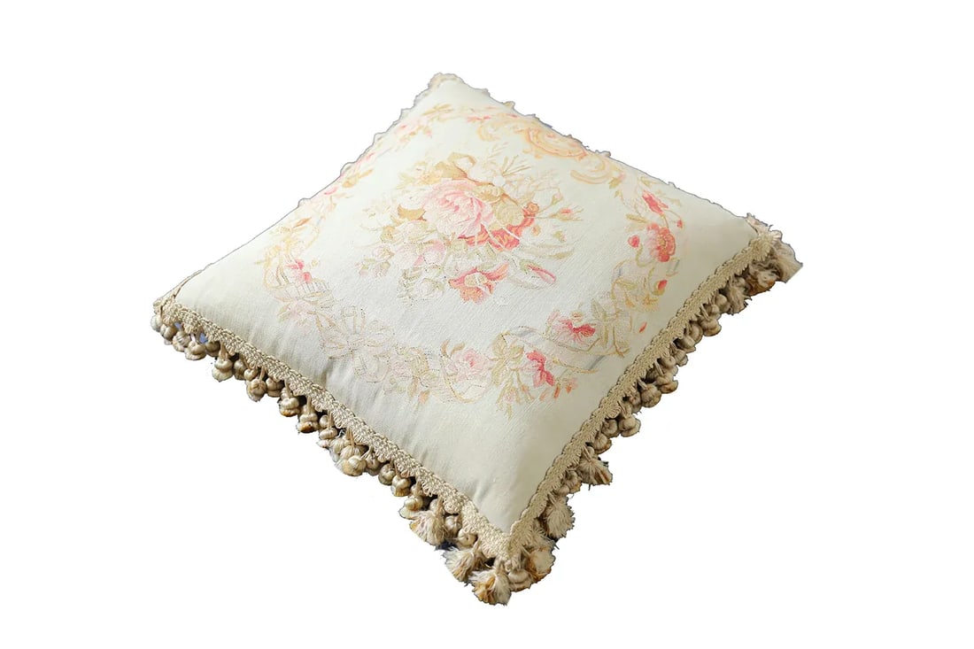 Ivory and Pink Floral Aubusson Silk Pillow - 2